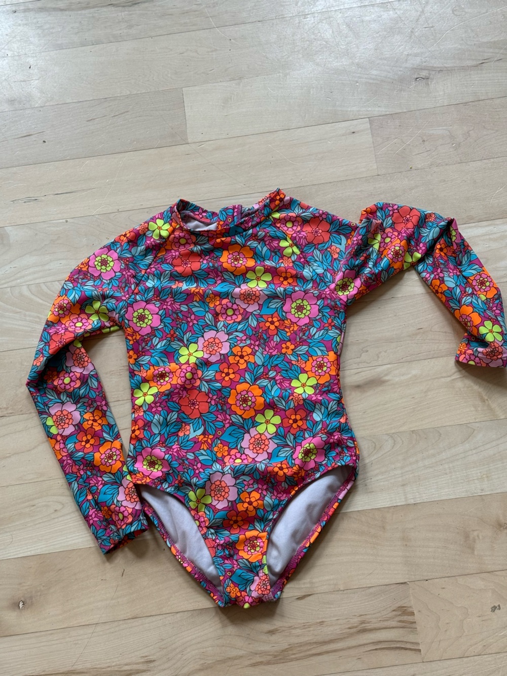 Kids Girls XS/6 Floral Long-Sleeve One-Piece Swimsuit - Bright Multicolor